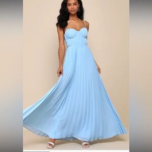 Admirable Elegance Light Blue Pleated Bustier Maxi Dress, bridesmaid dress lulus